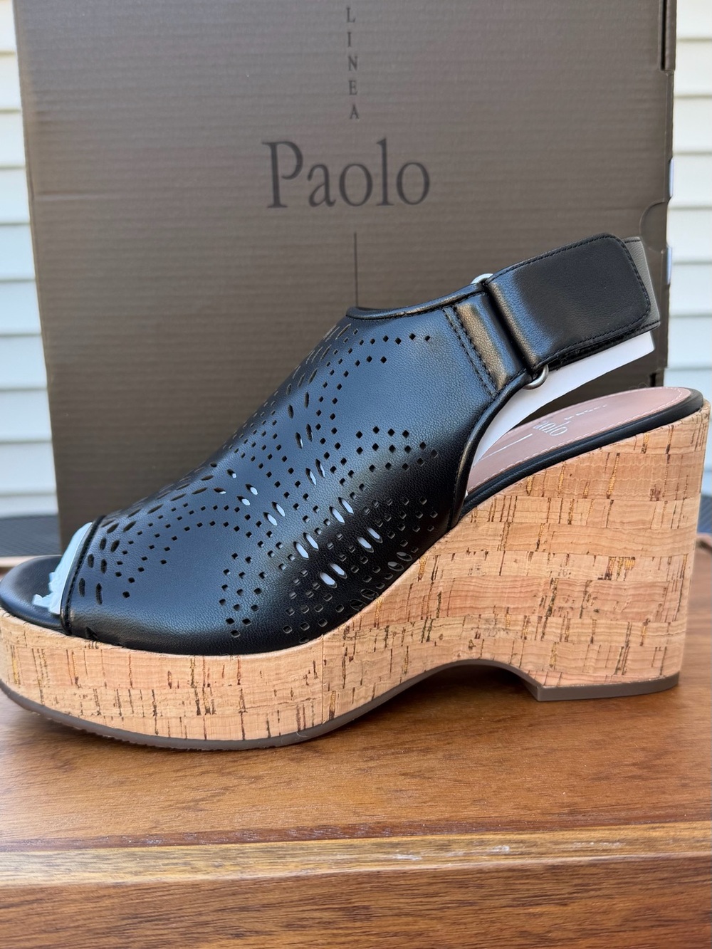 Paolo Black Perforated Leather Cork Wedge Sandals